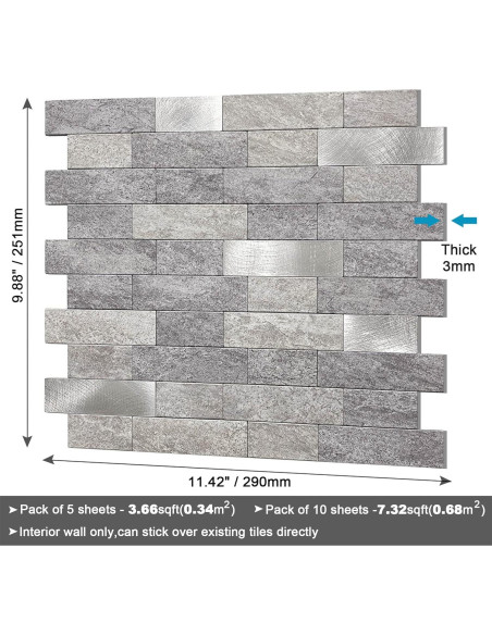 Azulejos Adhesivos BeNice 3D Peel and Stick Gris 5 Hojas Azulejos Adhesivos BeNice 3D Peel and Stick Gris 5 Hojas