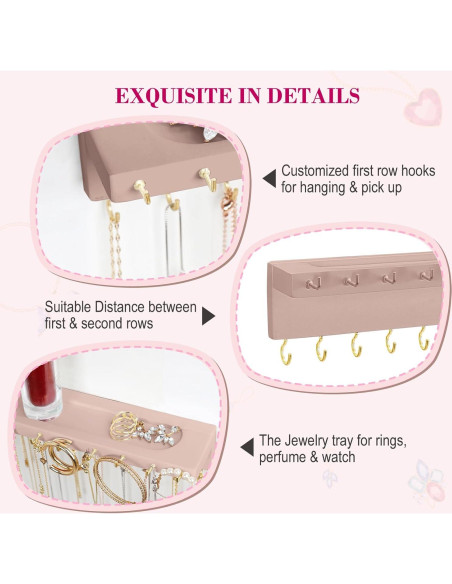 Soporte para Collares YYILIS Rosa con 30 Ganchos y Bandeja