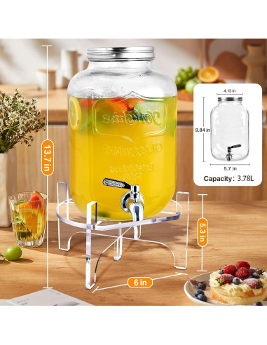 Dispensador de Bebidas de Vidrio BESHIGH 3.78L con Soporte Acrílico