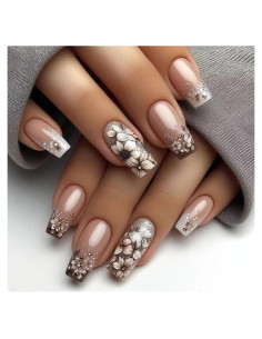 Uñas Postizas KSTBJN Primavera Francesas con Flores 24 Piezas