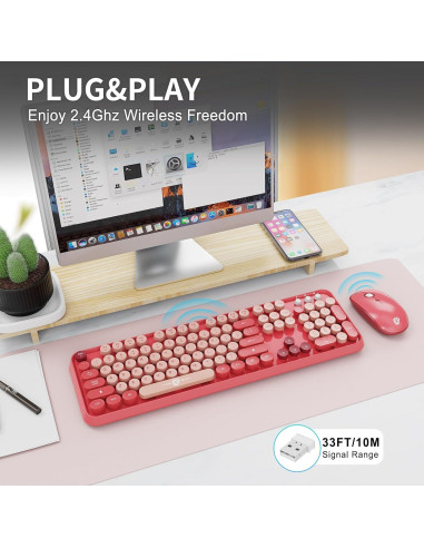 Combo Teclado y Ratón Inalámbrico FOPETT RosaBaya 2.4GHz