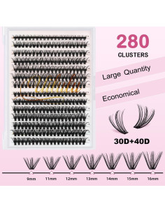 Kit de Extensión de Pestañas DIY UILULU 280pcs 30D 40D 9-16mm 2
