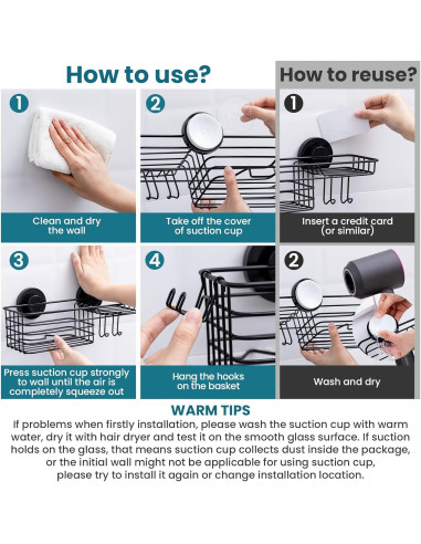 Caddy de Ducha TAILI Negro con Ventosas y Soporte para Jabón