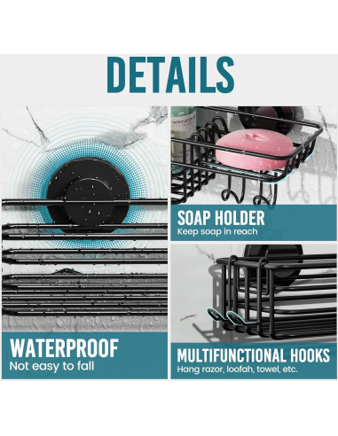Caddy de Ducha TAILI Negro con Ventosas y Soporte para Jabón