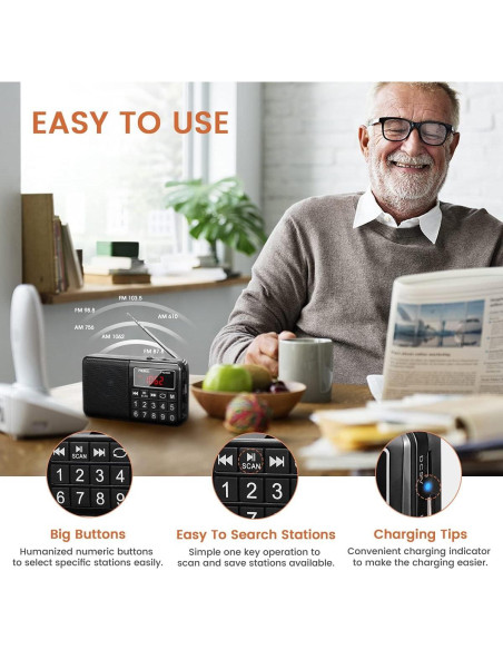 Radio de Bolsillo PRUNUS J-429 AM FM Carga USB Altavoz Neodimio