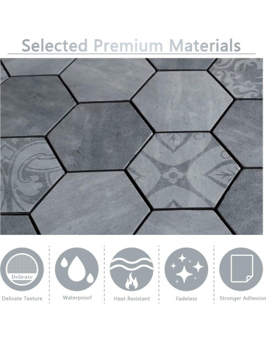 Azulejo Hexagonal Autoadhesivo Kieacia 10 Hojas PVC Floral Gris
