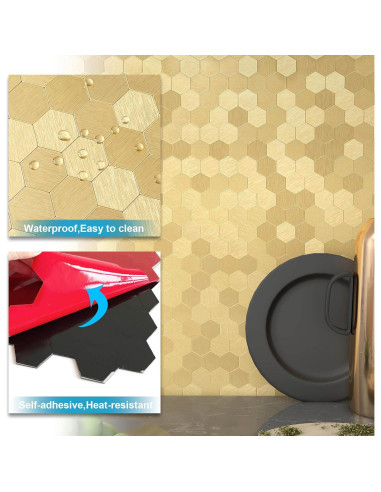 Azulejos Autoadhesivos BeNice Hexagonales 3D Dorado 5 Piezas