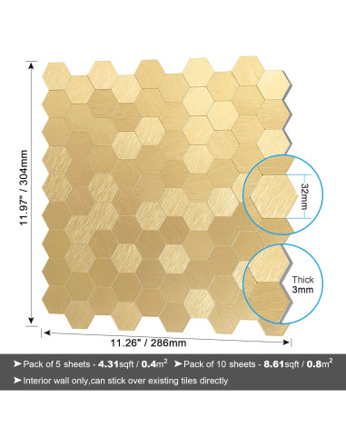 Azulejos Autoadhesivos BeNice Hexagonales 3D Dorado 5 Piezas