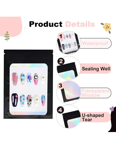 100 Bolsas Holográficas para Uñas Postizas Sawvolker 10.5x15cm