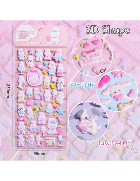 Pegatinas de Animales Puffy Sisiper 3D Reutilizables 4 Hojas