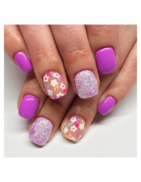 24 Uñas Postizas Cortas Cuadradas ASABITE Flores Moradas