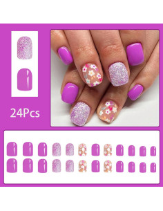 24 Uñas Postizas Cortas Cuadradas ASABITE Flores Moradas 2