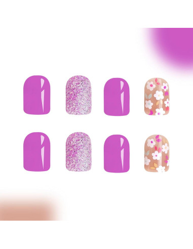24 Uñas Postizas Cortas Cuadradas ASABITE Flores Moradas