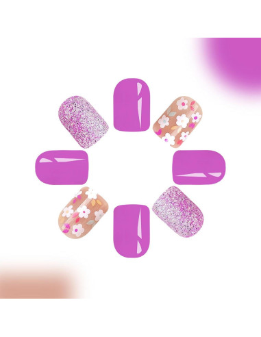 24 Uñas Postizas Cortas Cuadradas ASABITE Flores Moradas