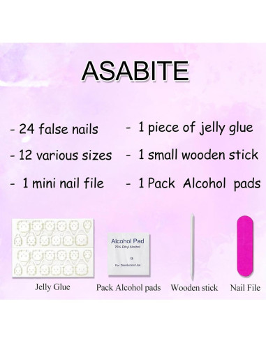 24 Uñas Postizas Cortas Cuadradas ASABITE Flores Moradas