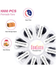Extensiones de Pestañas GON 1000 Fans 3D Curva CC 9-16mm 2