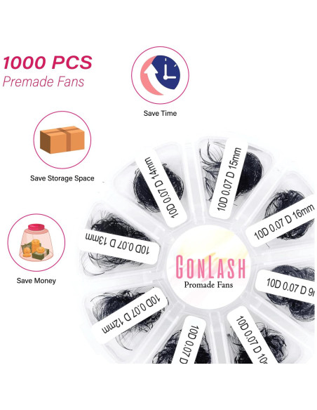 Extensiones de Pestañas GON 1000 Fans 3D Curva CC 9-16mm Extensiones de Pestañas GON 1000 Fans 3D Curva CC 9-16mm