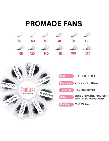 Extensiones de Pestañas GON 1000 Fans 3D Curva CC 9-16mm