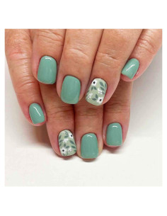Uñas Postizas Cortas Cuadradas Verdes con Flores 24Pcs