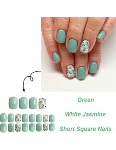Uñas Postizas Cortas Cuadradas Verdes con Flores 24Pcs 2