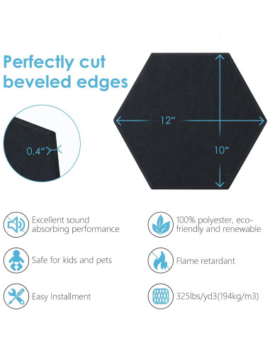 Paneles Acústicos Hexagonales ZIMECS Negros 12 Pzs 30.48x25.4cm