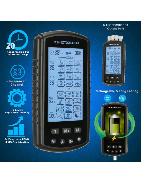 Estimulador Muscular TENS HEXTOR con 4 Canales y 24 Modos