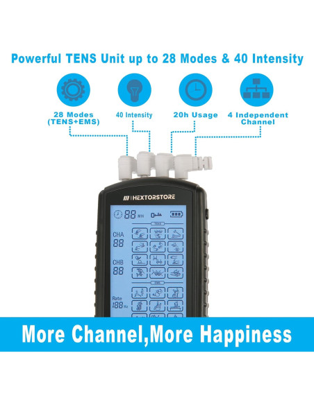 Estimulador Muscular TENS HEXTOR con 4 Canales y 24 Modos