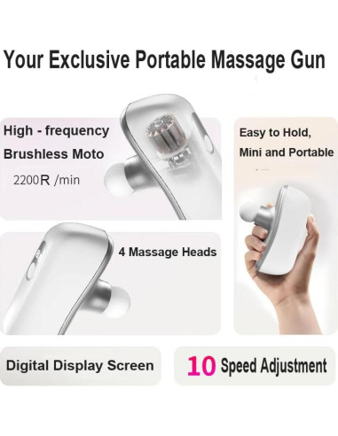Pistola de Masaje Mini Condgood - Portátil, 10 Velocidades, 4 Cabezas