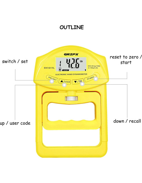 Dinamómetro Digital de Fuerza de Agarre GRIPX 90Kg Amarillo