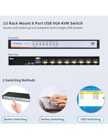 Conmutador KVM USB VGA 8 Puertos Kinan 2048x1536 1U Rack