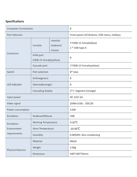 Conmutador KVM USB VGA 8 Puertos Kinan 2048x1536 1U Rack