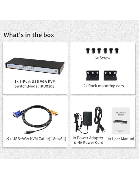 Conmutador KVM USB VGA 8 Puertos Kinan 2048x1536 1U Rack