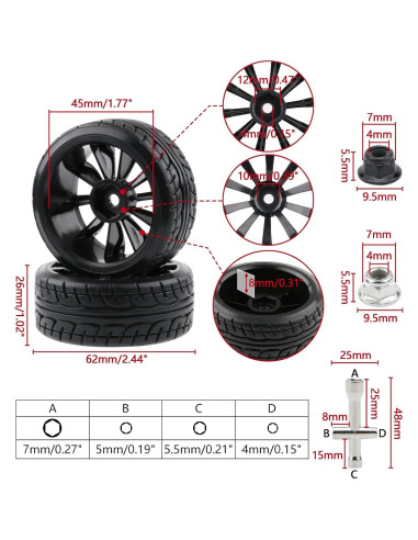 4 Ruedas y Neumáticos Drift 1/10 Rchobbytop 62mm 12mm Hex
