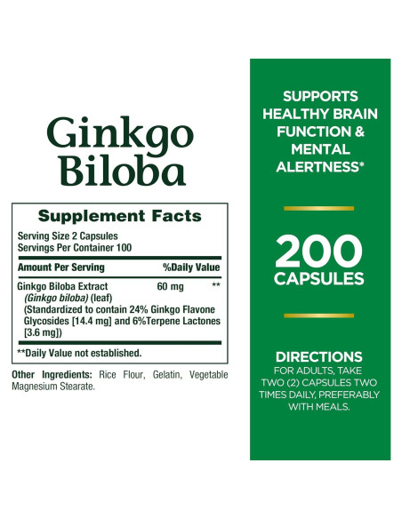 Nature's Bounty Ginkgo Biloba 60 mg 200 Cápsulas Suplemento