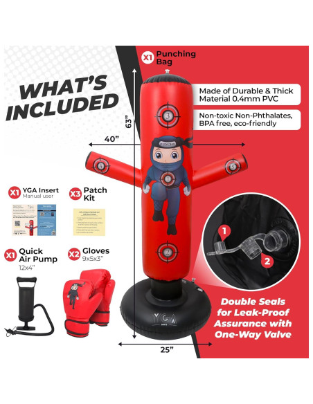 Saco de Boxeo Inflable para Niños YGA Sports 160 cm Rojo