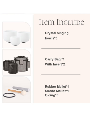 Juego de 3 Cuencos de Cuarzo CVNC 6" A, 8" F, 10" C con Bolsa