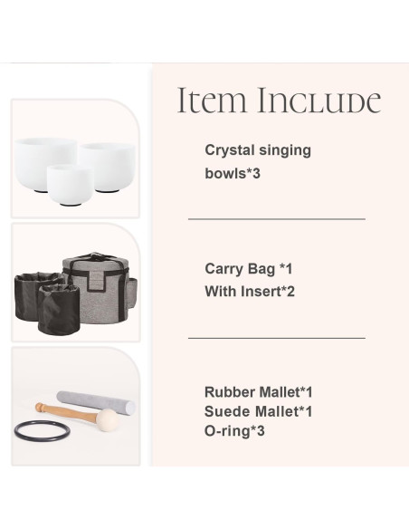 Juego de 3 Cuencos de Cuarzo CVNC 6" A, 8" F, 10" C con Bolsa