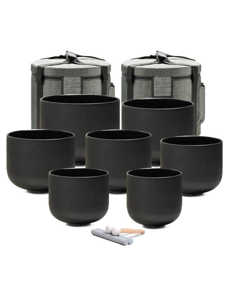 Juego de 7 Cuencos de Cuarzo Negro 432Hz 15-30 cm con Fundas y Martillos