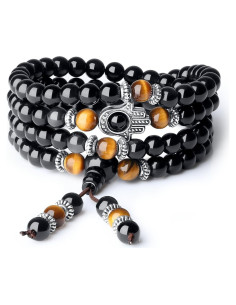 Collar Pulsera Mala COAI 108 Cuentas Obsidiana y Hamsa