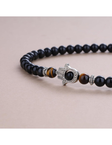 Collar Pulsera Mala COAI 108 Cuentas Obsidiana y Hamsa