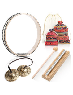 Conjunto de Instrumentos de Meditación 3 Piezas - Tingsha, Campana y Tambor