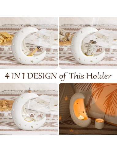 Soporte de Incienso Cerámica ZenBless Luna Blanca 4 en 1