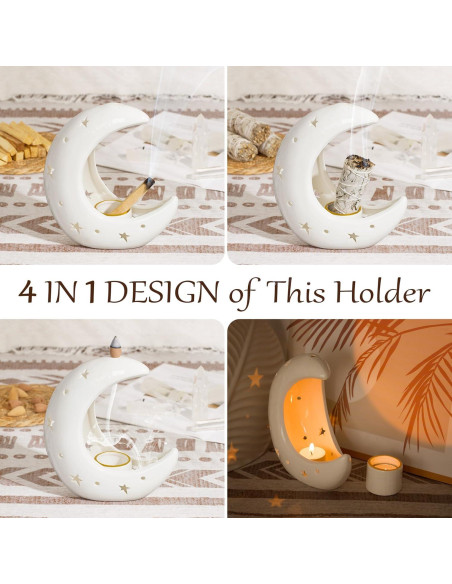 Soporte de Incienso Cerámica ZenBless Luna Blanca 4 en 1