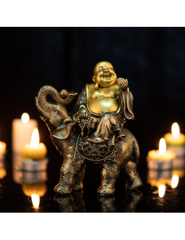 Estatua Buda Risueño sobre Elefante YINASI 11x6.5x17cm
