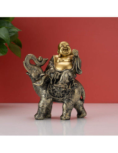 Estatua Buda Risueño sobre Elefante YINASI 11x6.5x17cm