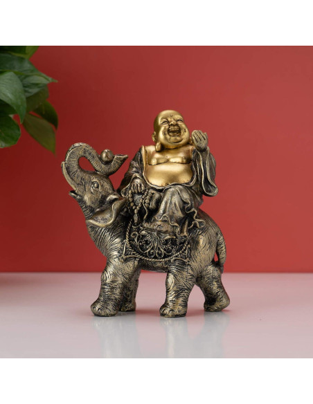Estatua Buda Risueño sobre Elefante YINASI 11x6.5x17cm