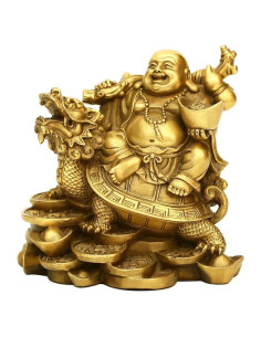 Estatua Buda Risueño en Latón 11.43 cm Tortuga Riqueza