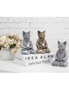 Estatua de Buda Gato Zen Plateada 17.78 cm para Meditación 2
