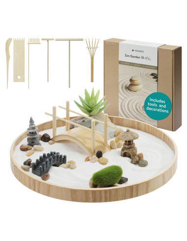 Kit de Jardín Zen Navaris - Mini Jardín de Arena Blanca - 17 Piezas
