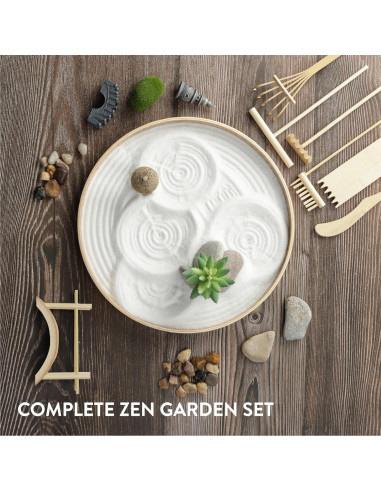 Kit de Jardín Zen Navaris - Mini Jardín de Arena Blanca - 17 Piezas